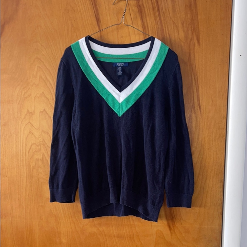 Chaps Navy Blue V Neck Sweater with Green and White Accents